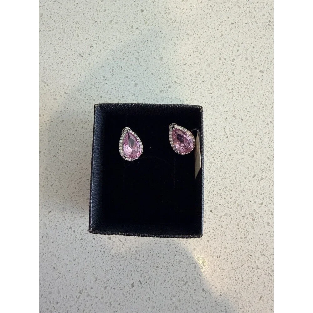 925 Sterling Silver Halo Tear Drop Pink Lap Sapphire Stud Earrings White CZ